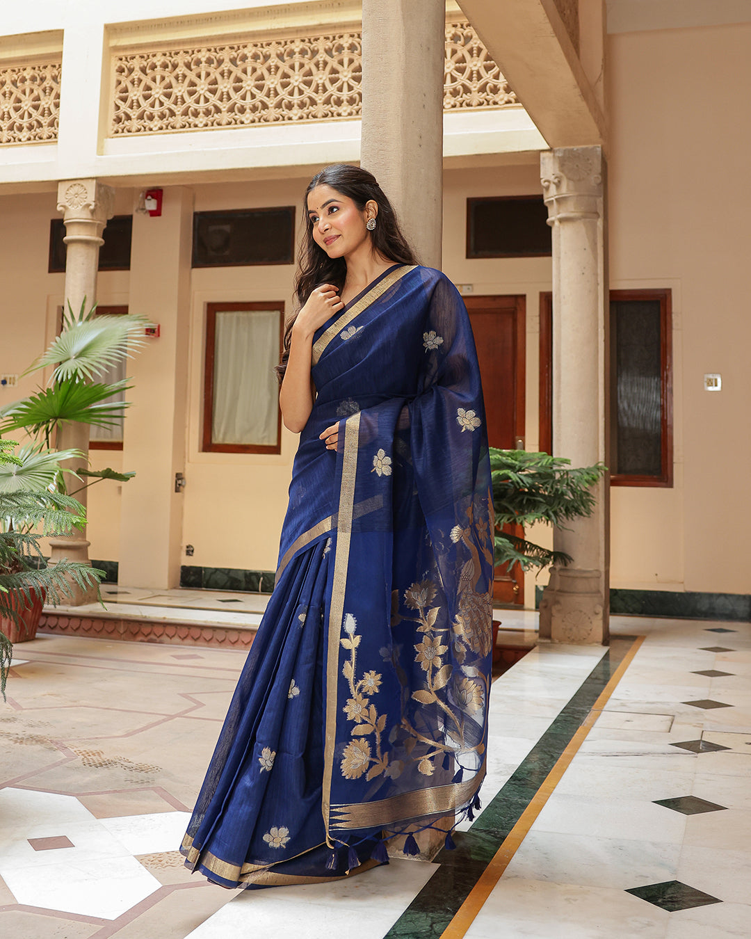 Royal Blue Peacock Motif Silk Linen Saree