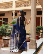Royal Blue Peacock Motif Silk Linen Saree