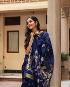 Royal Blue Peacock Motif Silk Linen Saree