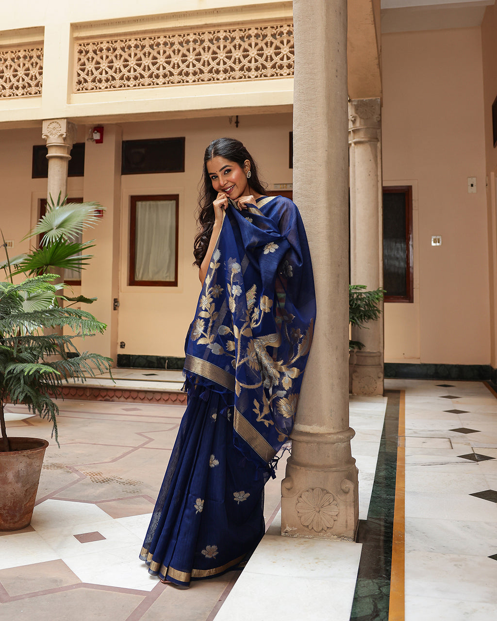 Royal Blue Peacock Motif Silk Linen Saree