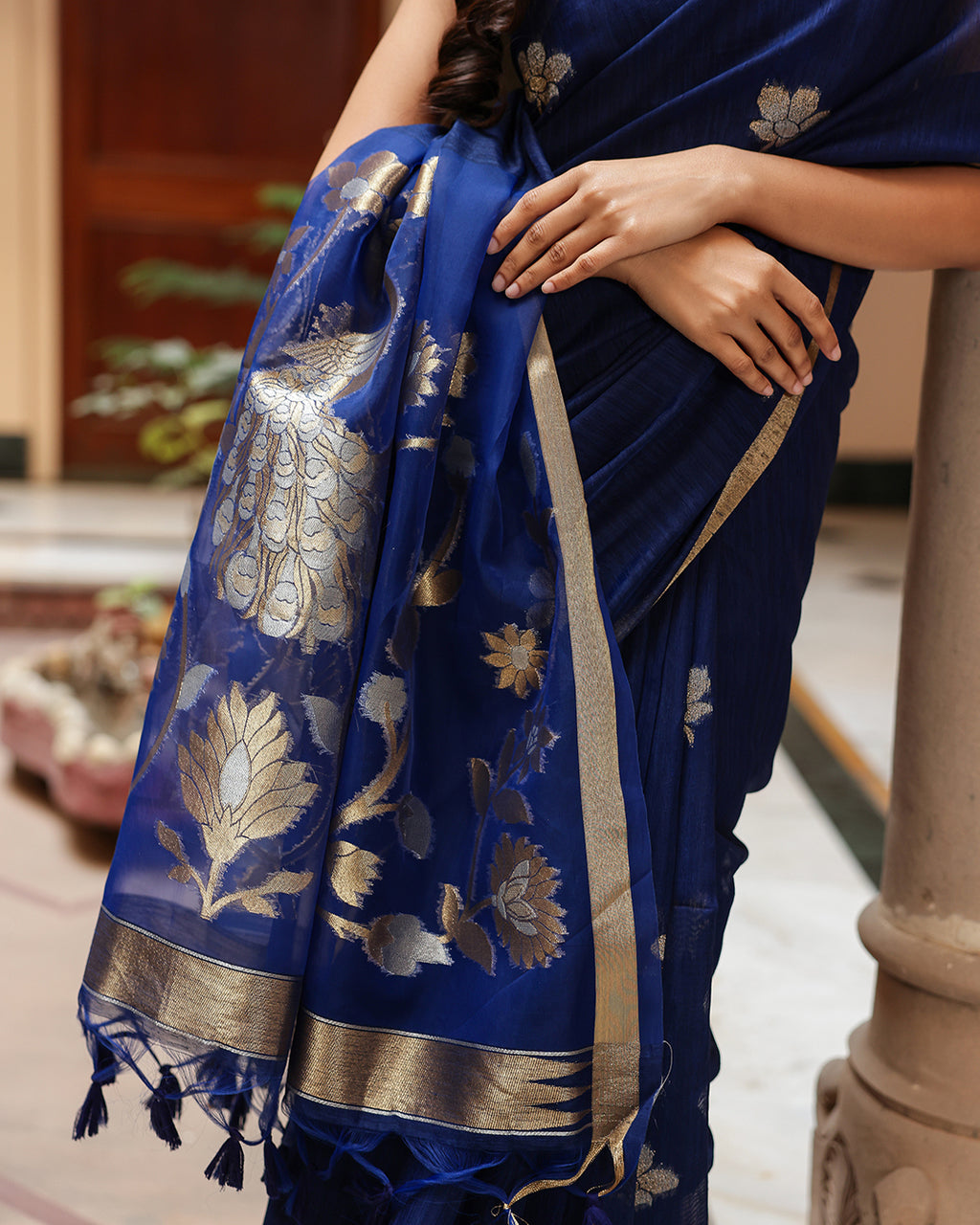 Royal Blue Peacock Motif Silk Linen Saree