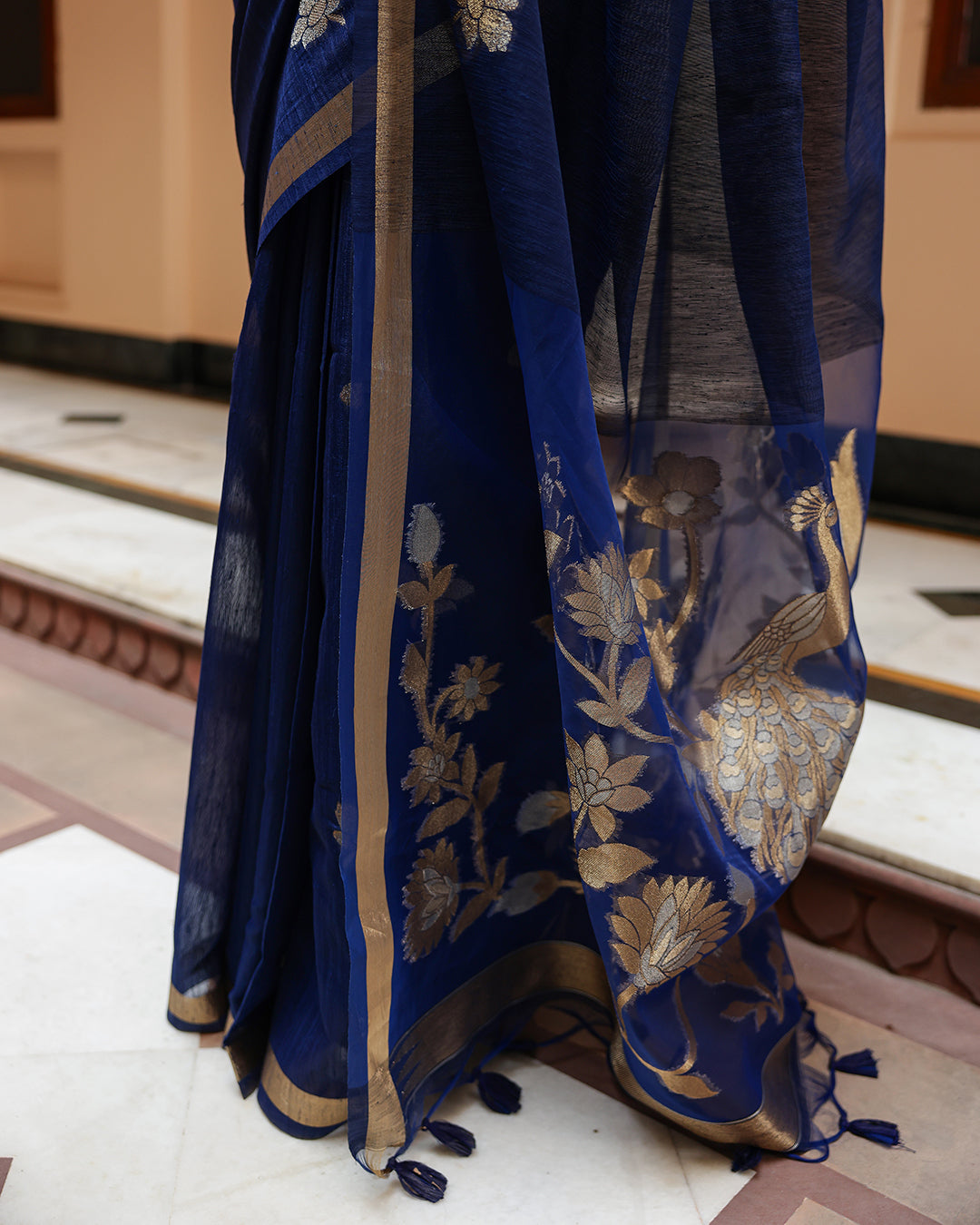 Royal Blue Peacock Motif Silk Linen Saree