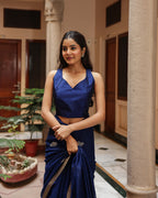 Royal Blue Peacock Motif Silk Linen Saree