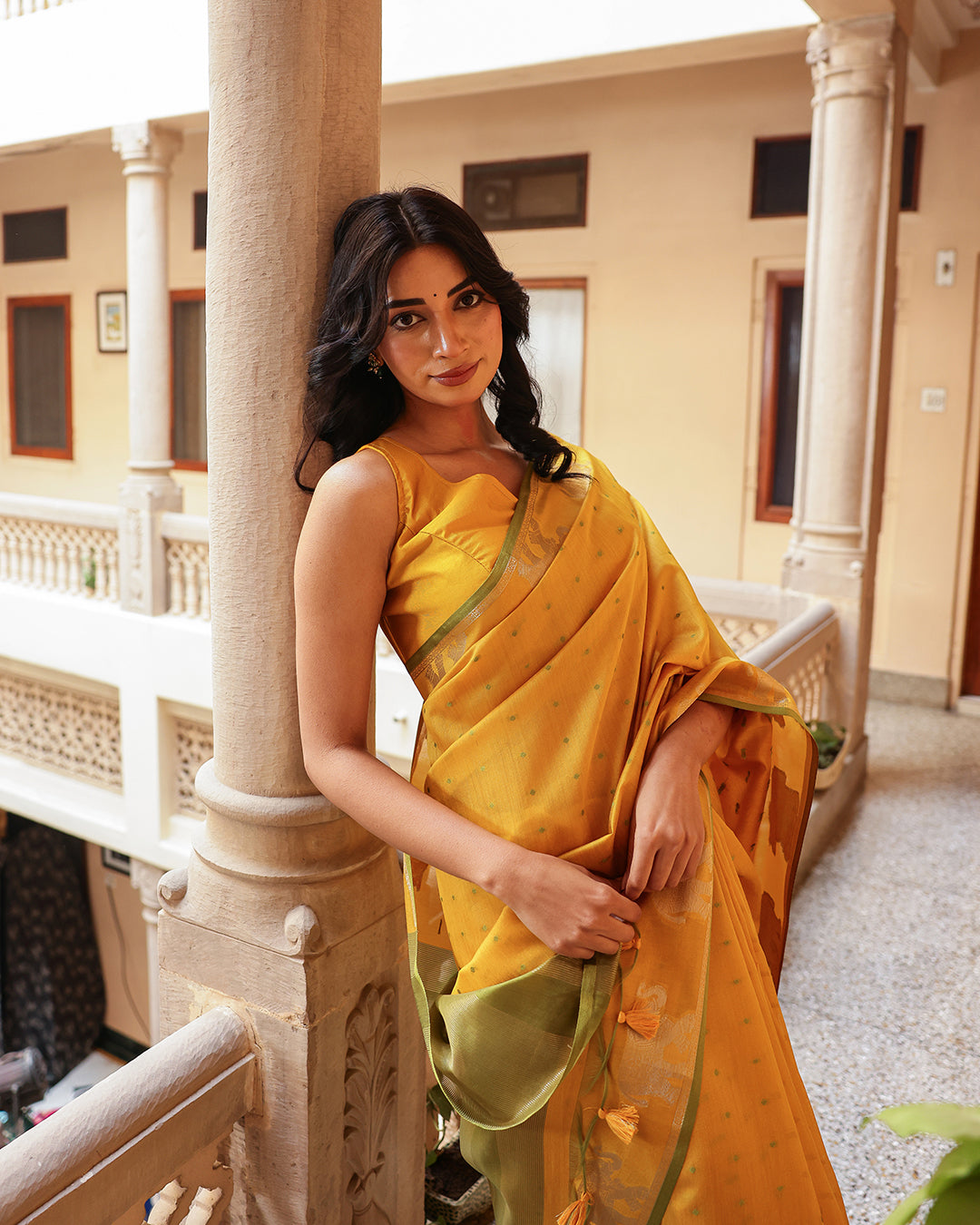 Yellow Elephant Motif Cotton Saree