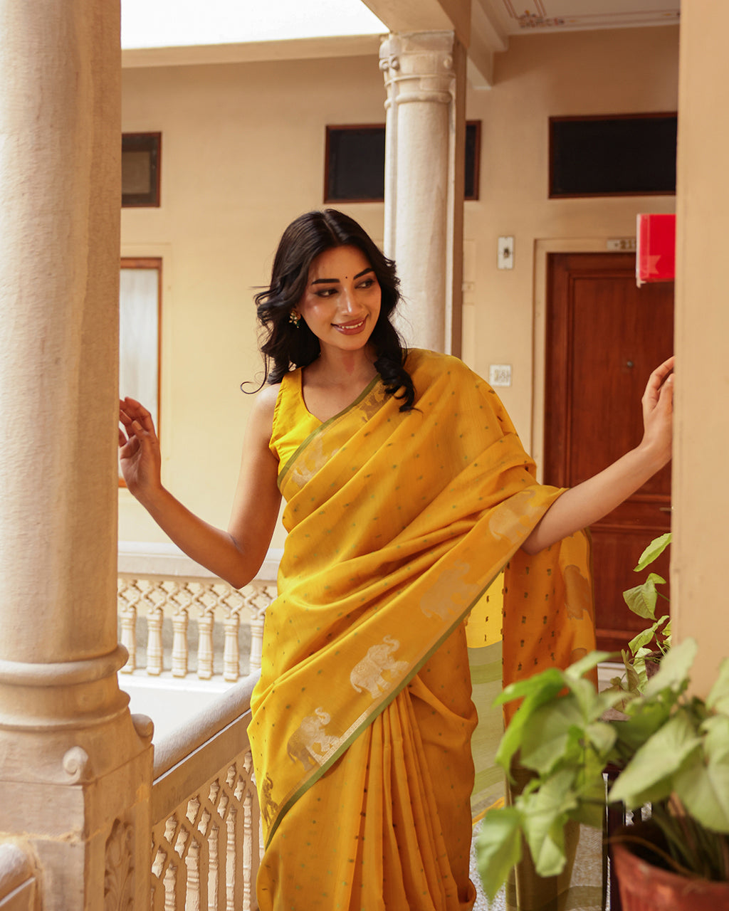 Yellow Elephant Motif Cotton Saree