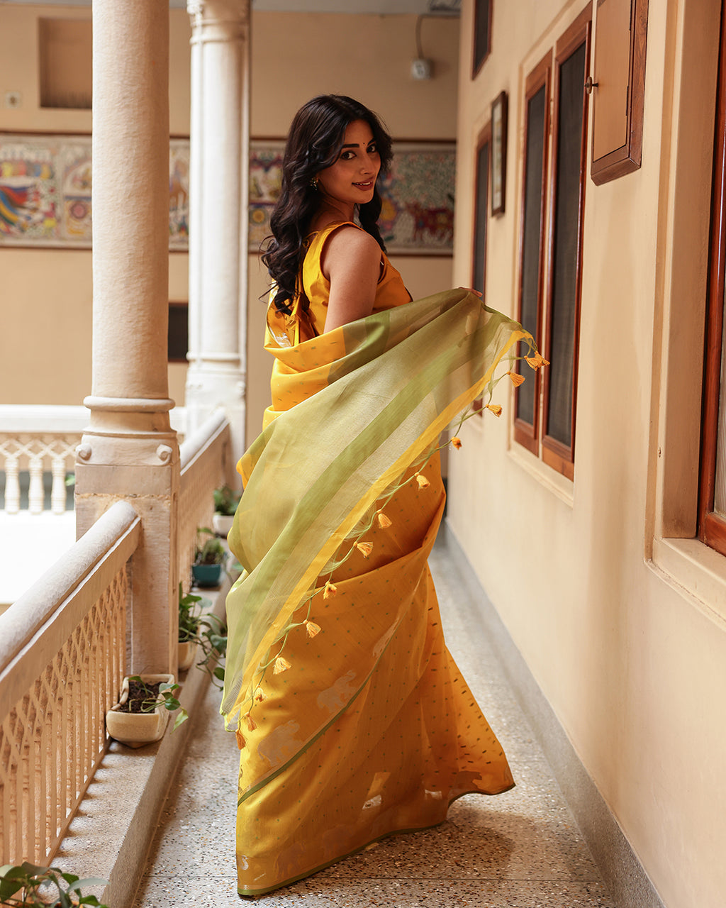 Yellow Elephant Motif Cotton Saree