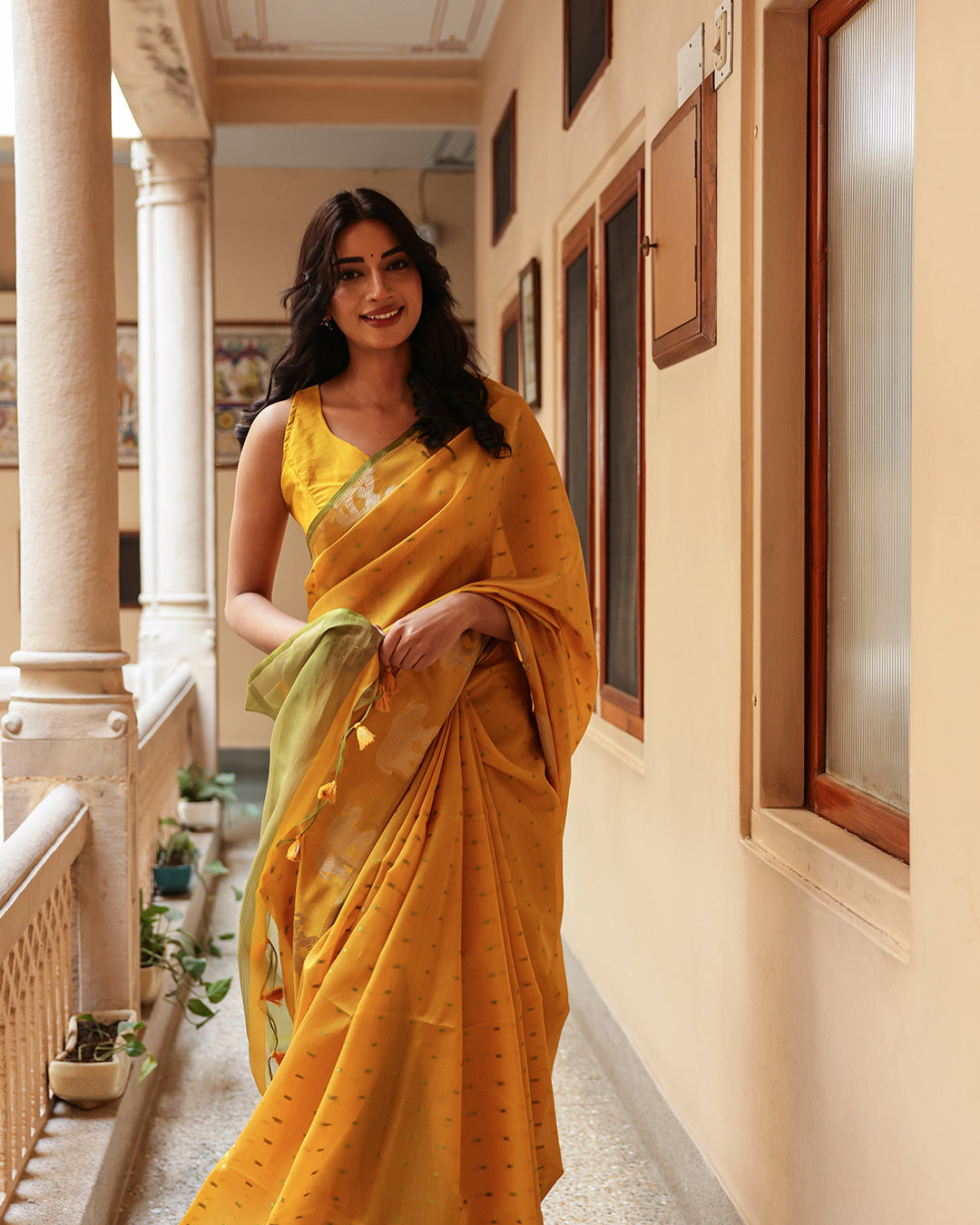 Yellow Elephant Motif Cotton Saree