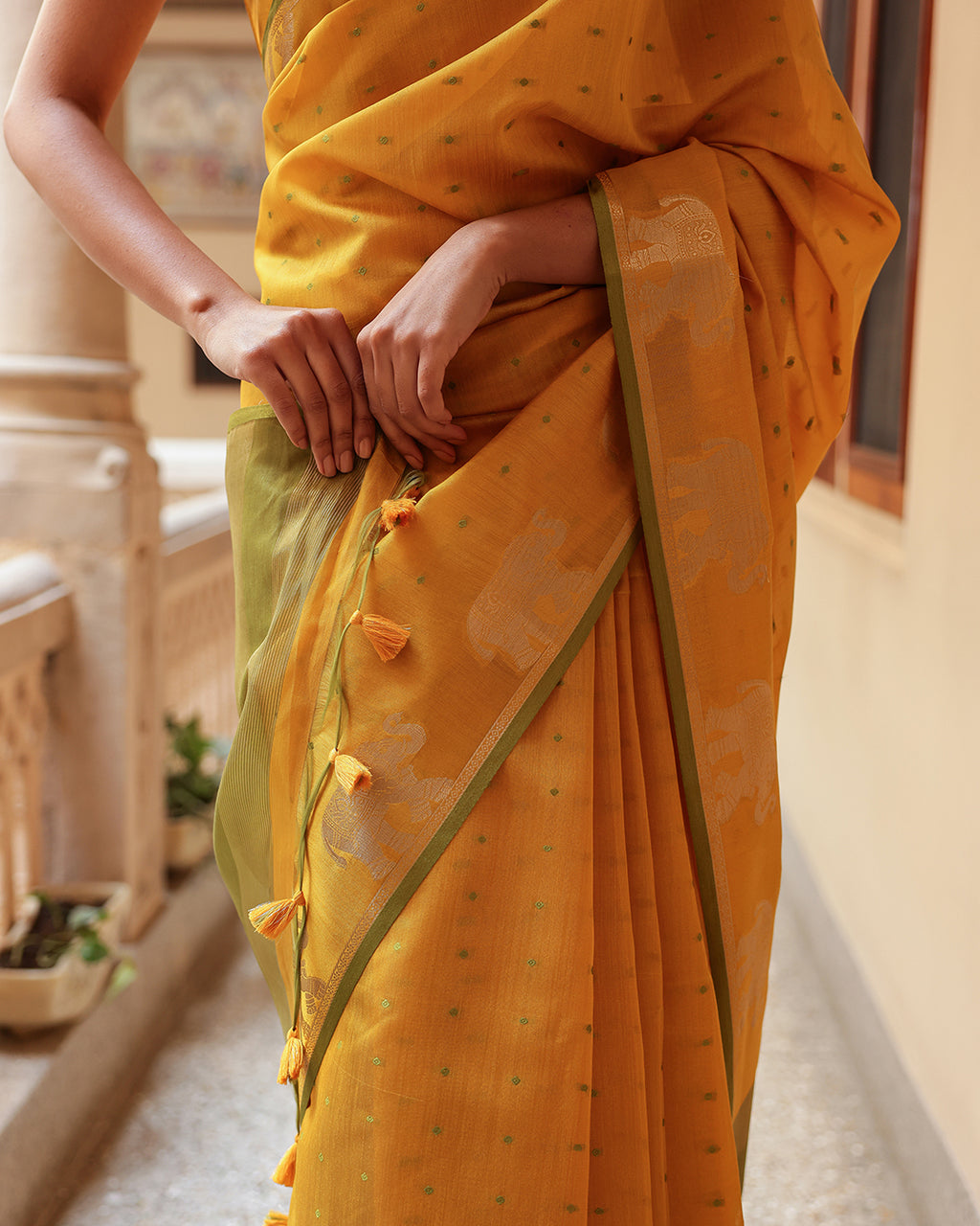 Yellow Elephant Motif Cotton Saree