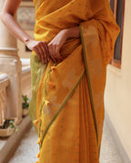 Yellow Elephant Motif Cotton Saree