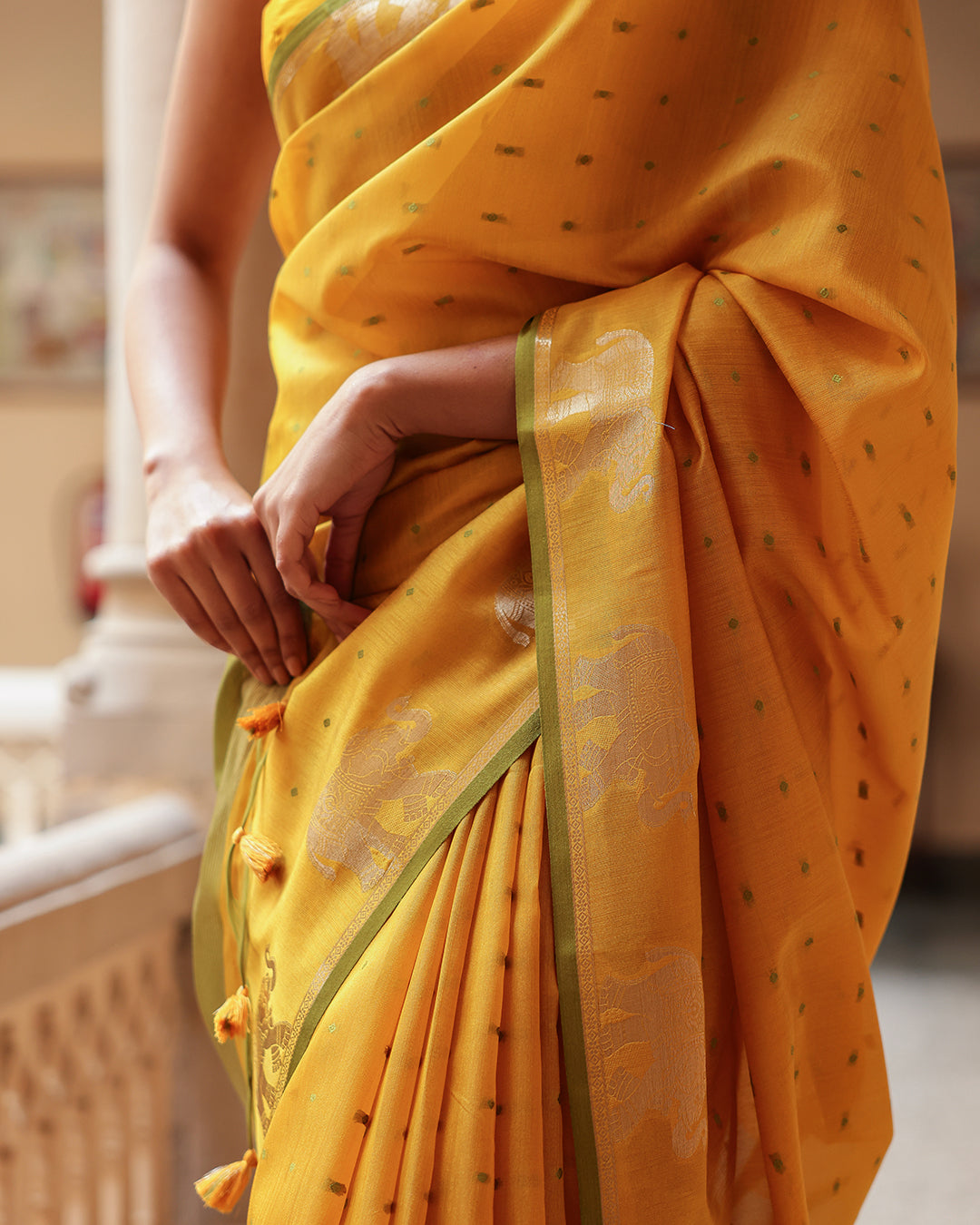 Yellow Elephant Motif Cotton Saree