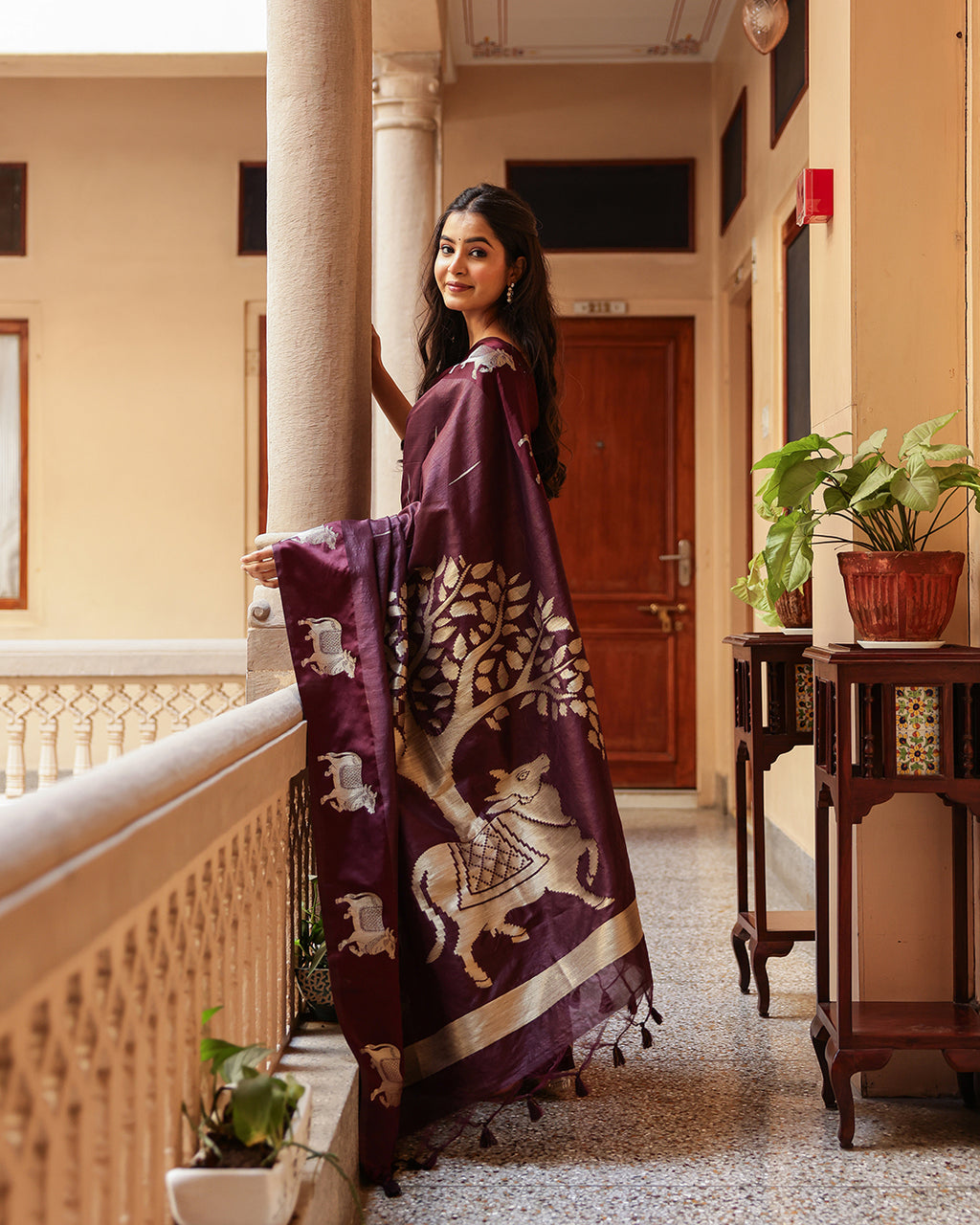 Wine Purple Pichwai Cotton Saree
