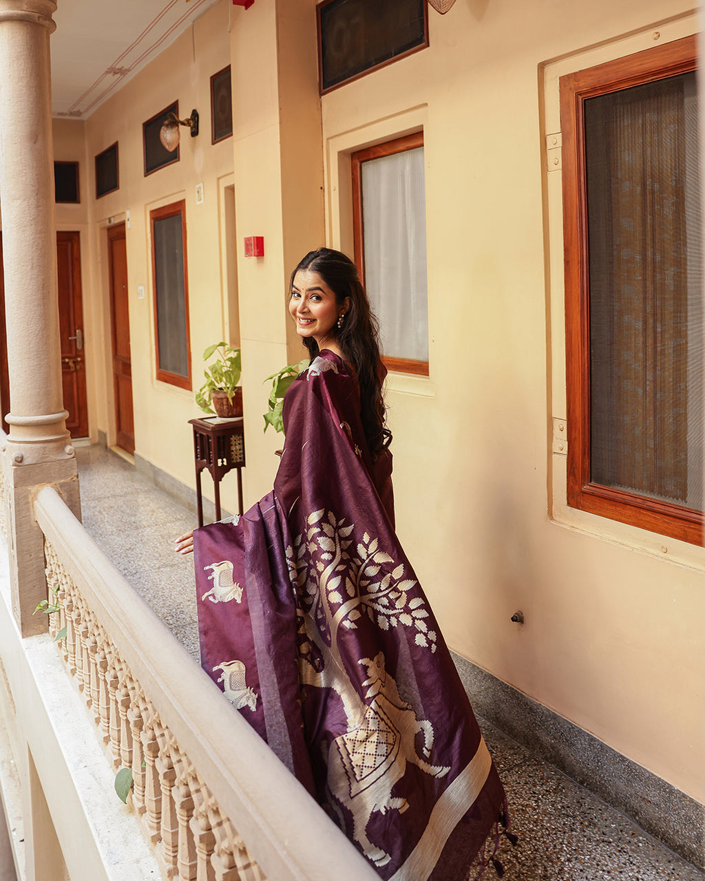 Wine Purple Pichwai Cotton Saree