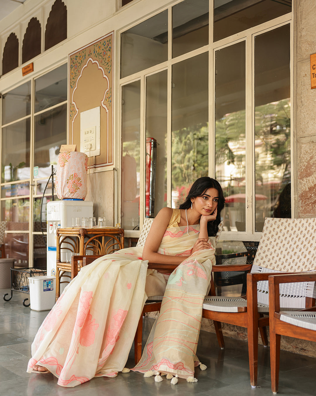 Off White Cotton Pink Saree