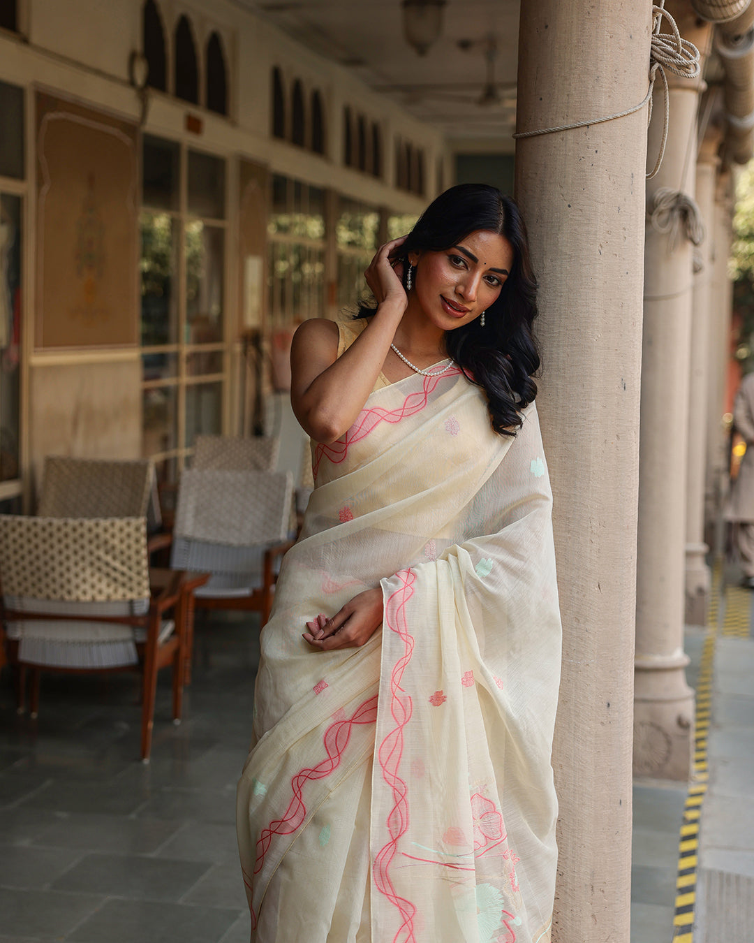 Off White Cotton Pink Saree