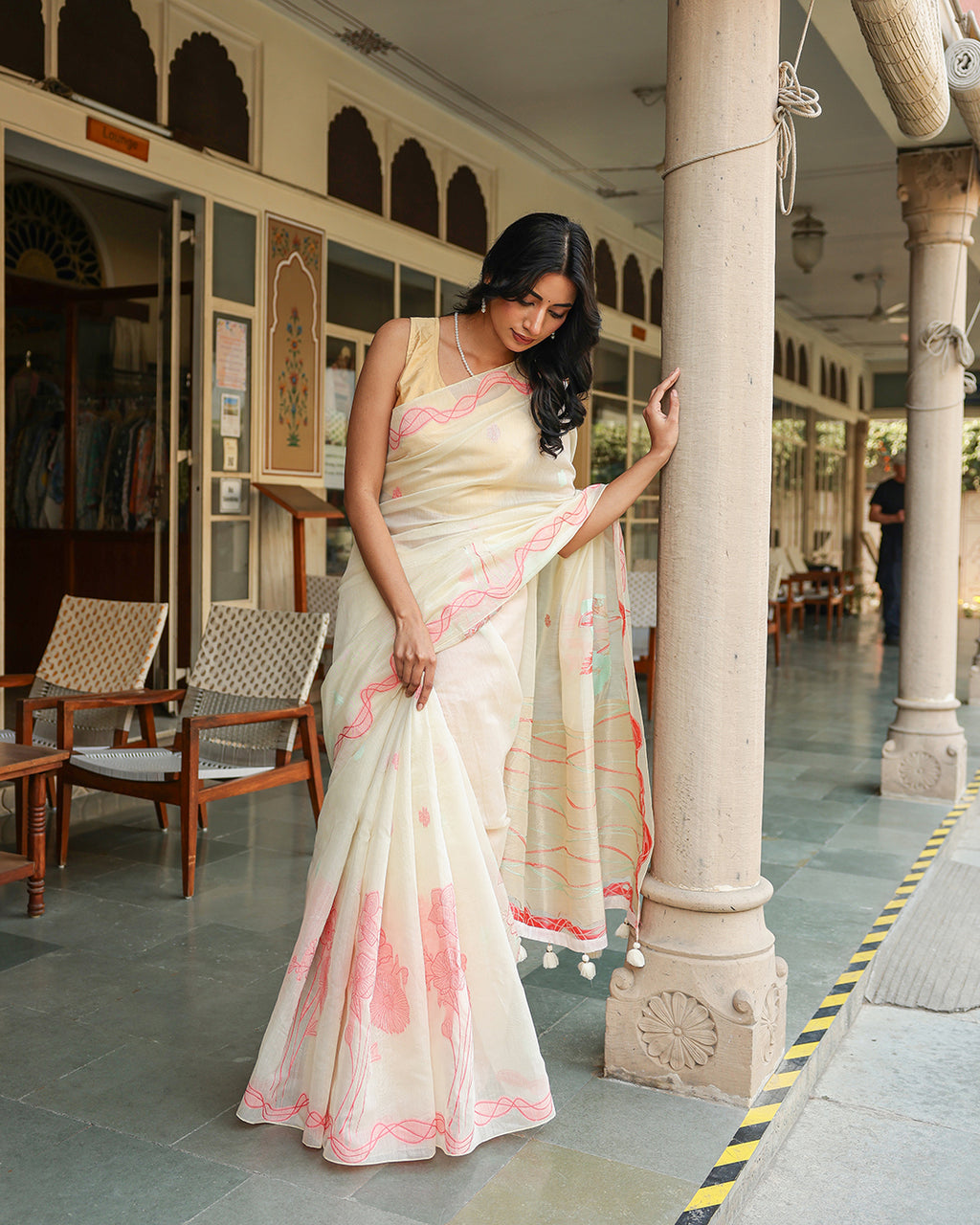 Off White Cotton Pink Saree