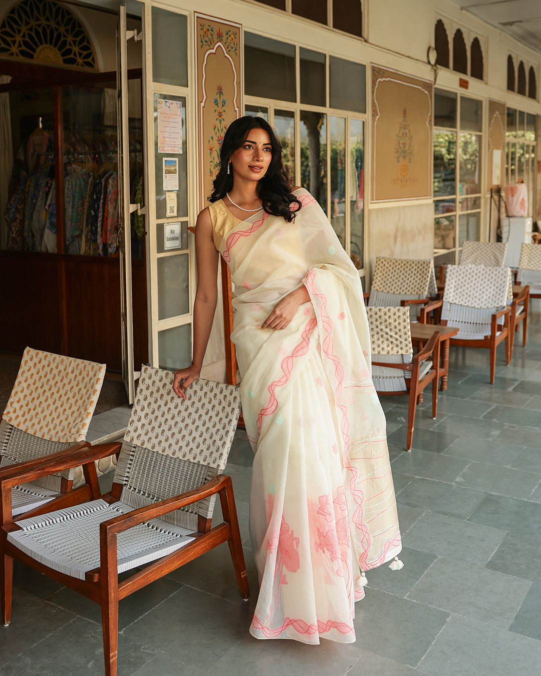 Off White Cotton Pink Saree