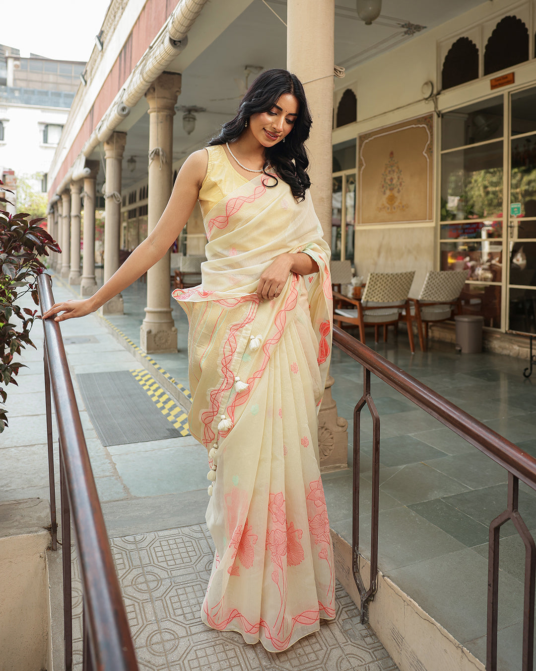 Off White Cotton Pink Saree