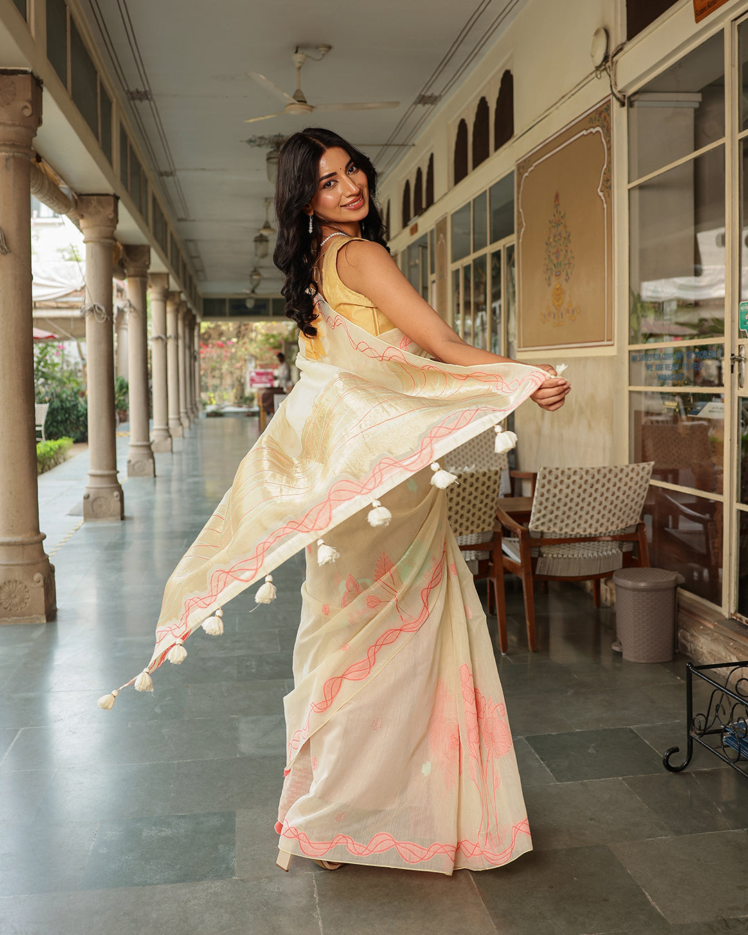 Off White Cotton Pink Saree
