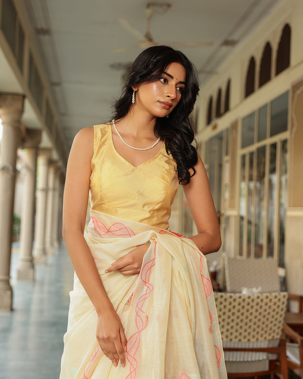 Off White Cotton Pink Saree