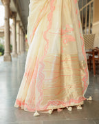 Off White Cotton Pink Saree