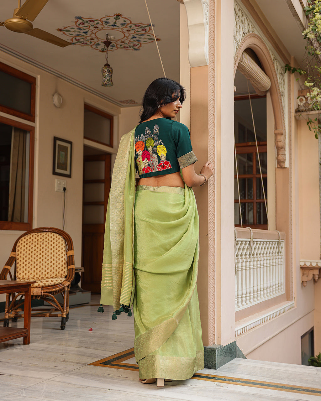 Tea Green Rajasthani Handwork Saree
