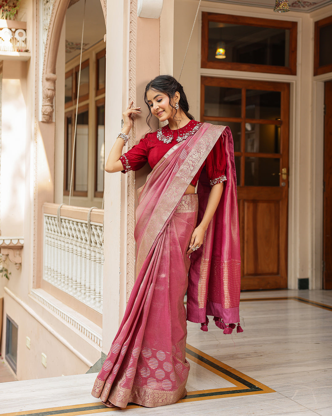 Maroon Designer Embellished Blouse Saree