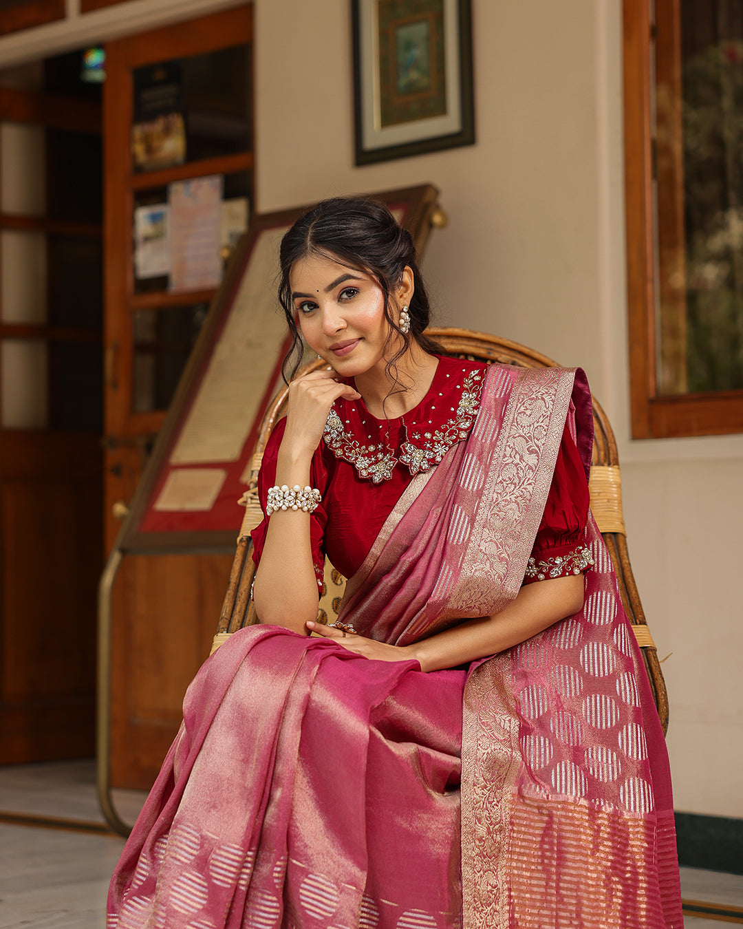 Maroon Designer Embellished Blouse Saree