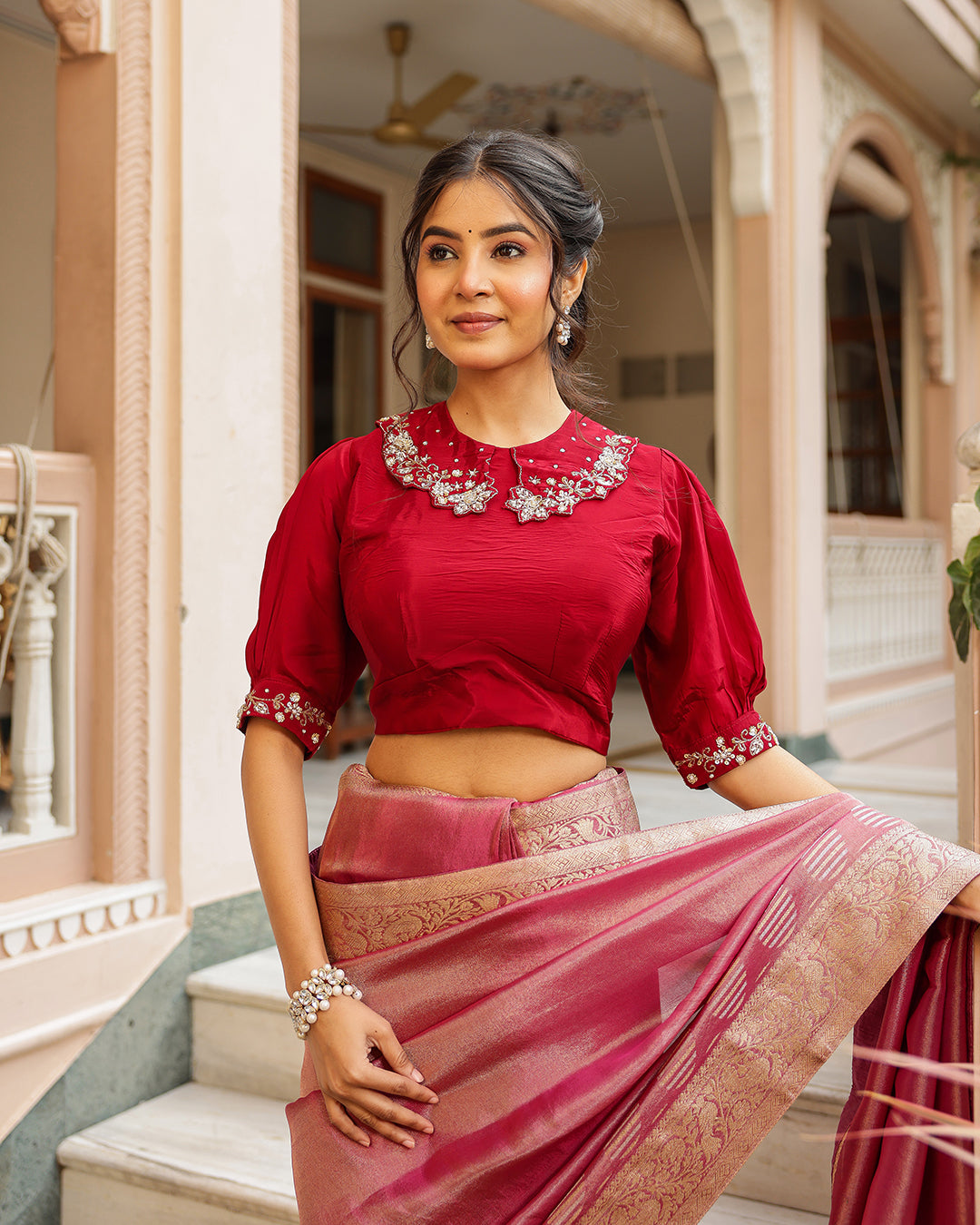 Maroon Designer Embellished Blouse Saree