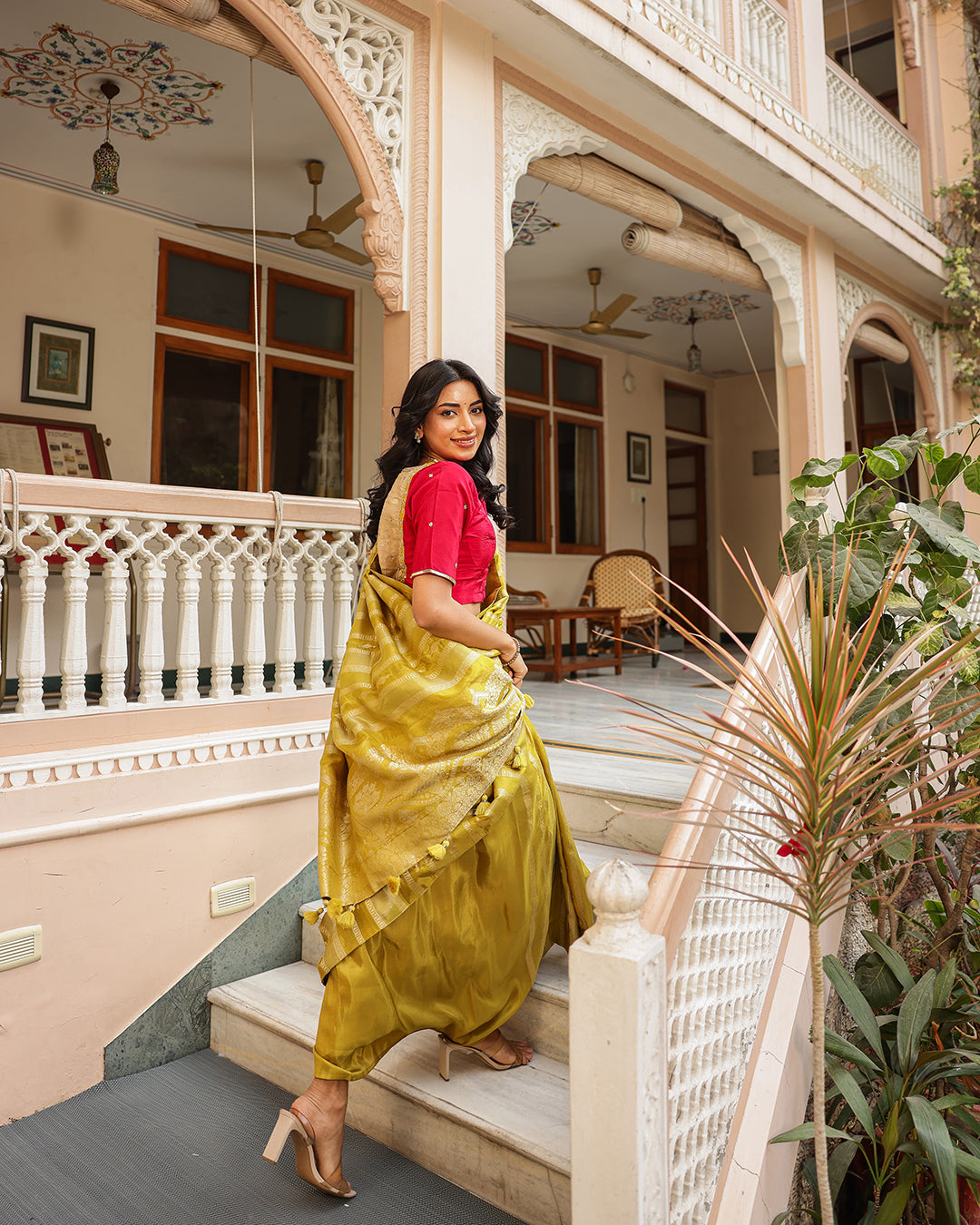 Lime Green Crepe Handwork Blouse Saree