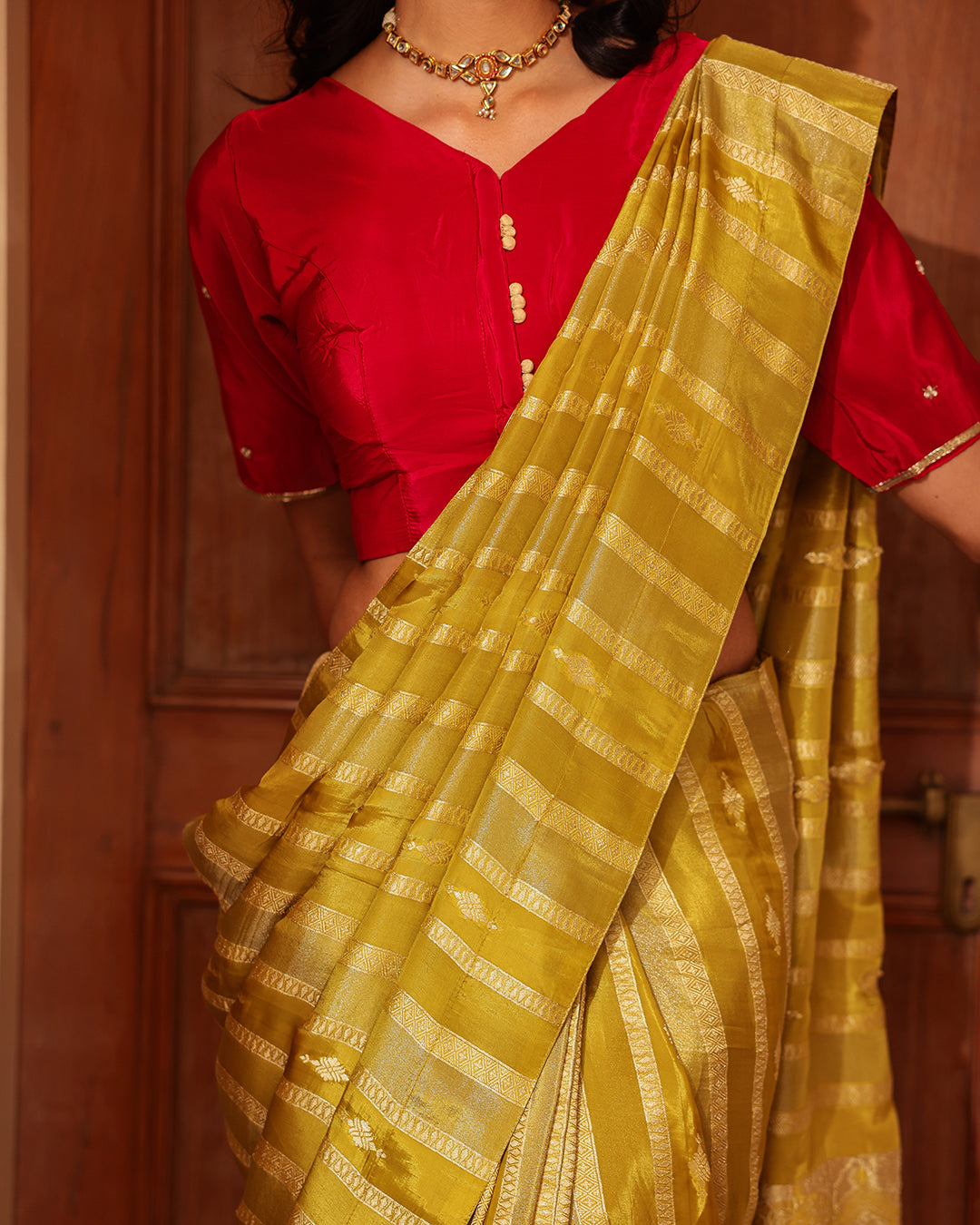 Lime Green Crepe Handwork Blouse Saree