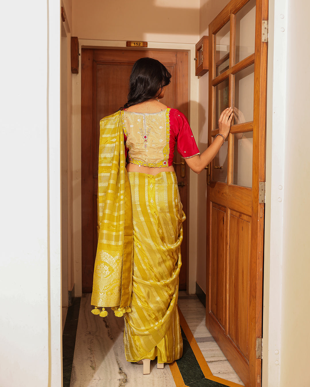 Lime Green Crepe Handwork Blouse Saree