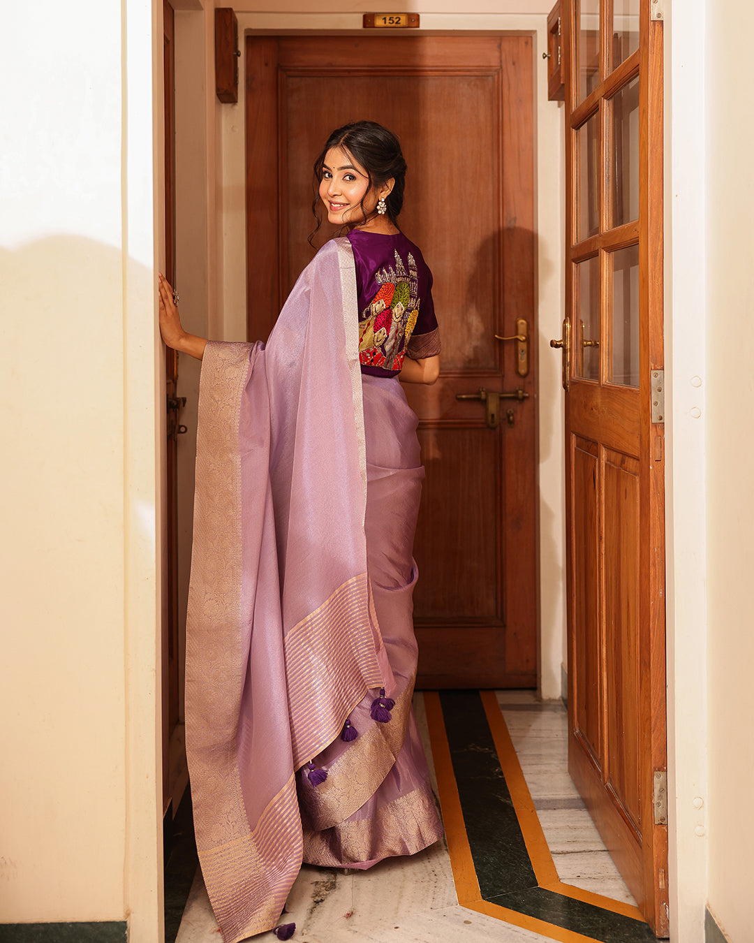 Lilac Rajasthani Handwork Blouse Saree