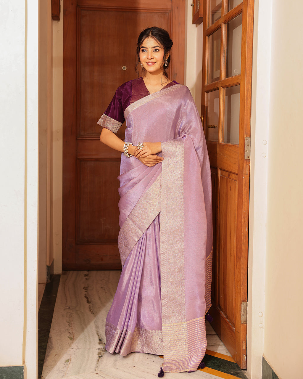 Lilac Rajasthani Handwork Blouse Saree