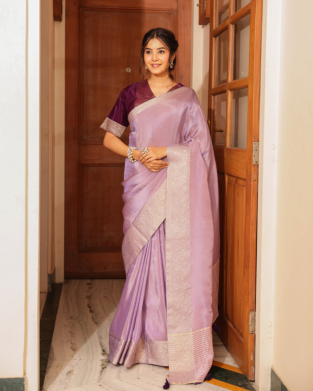 Lilac Rajasthani Handwork Blouse Saree
