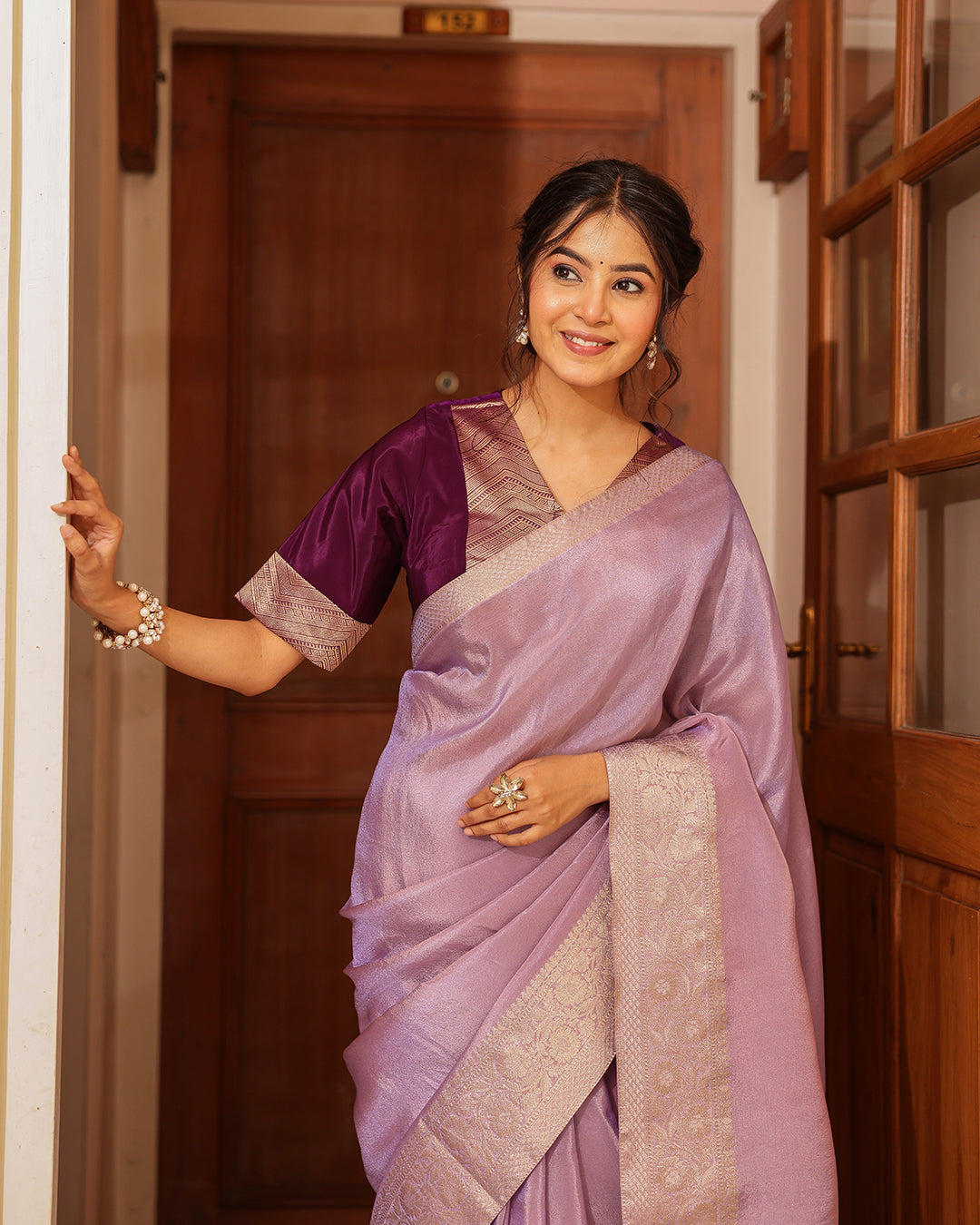 Lilac Rajasthani Handwork Blouse Saree