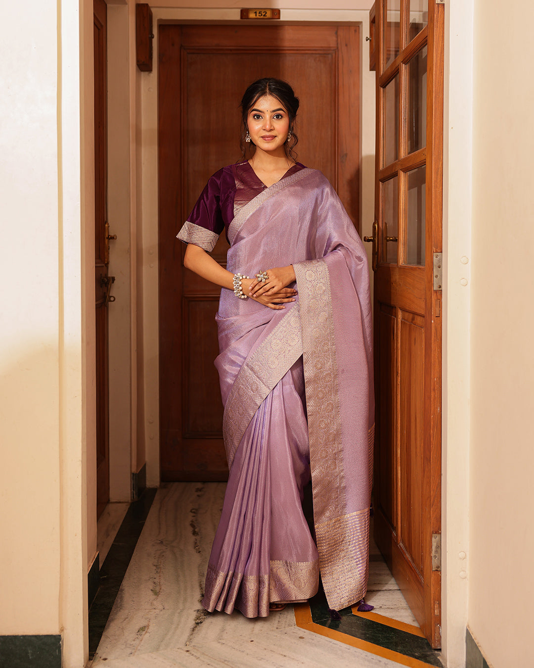 Lilac Rajasthani Handwork Blouse Saree