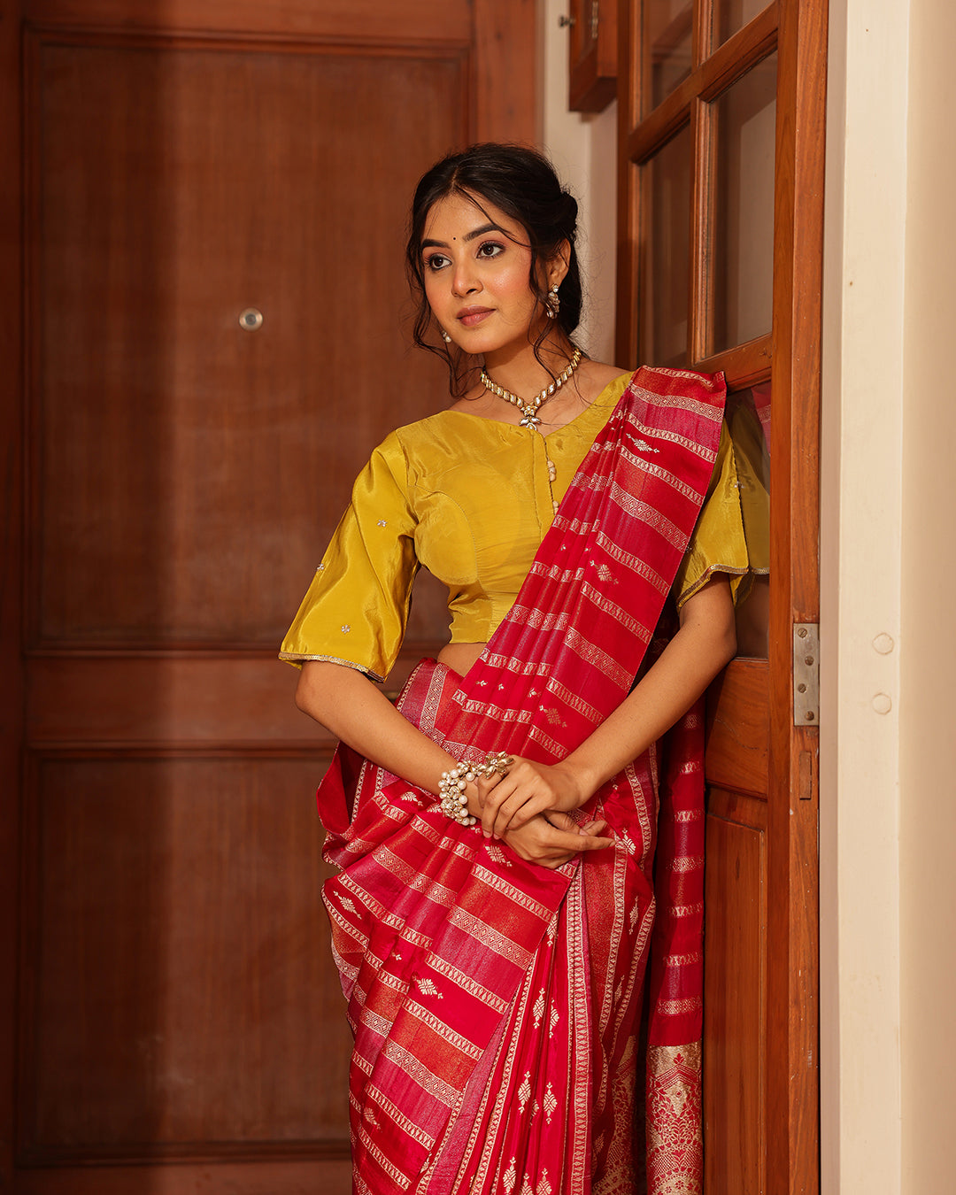 Magenta Silk Tissue Yellow Blouse Saree