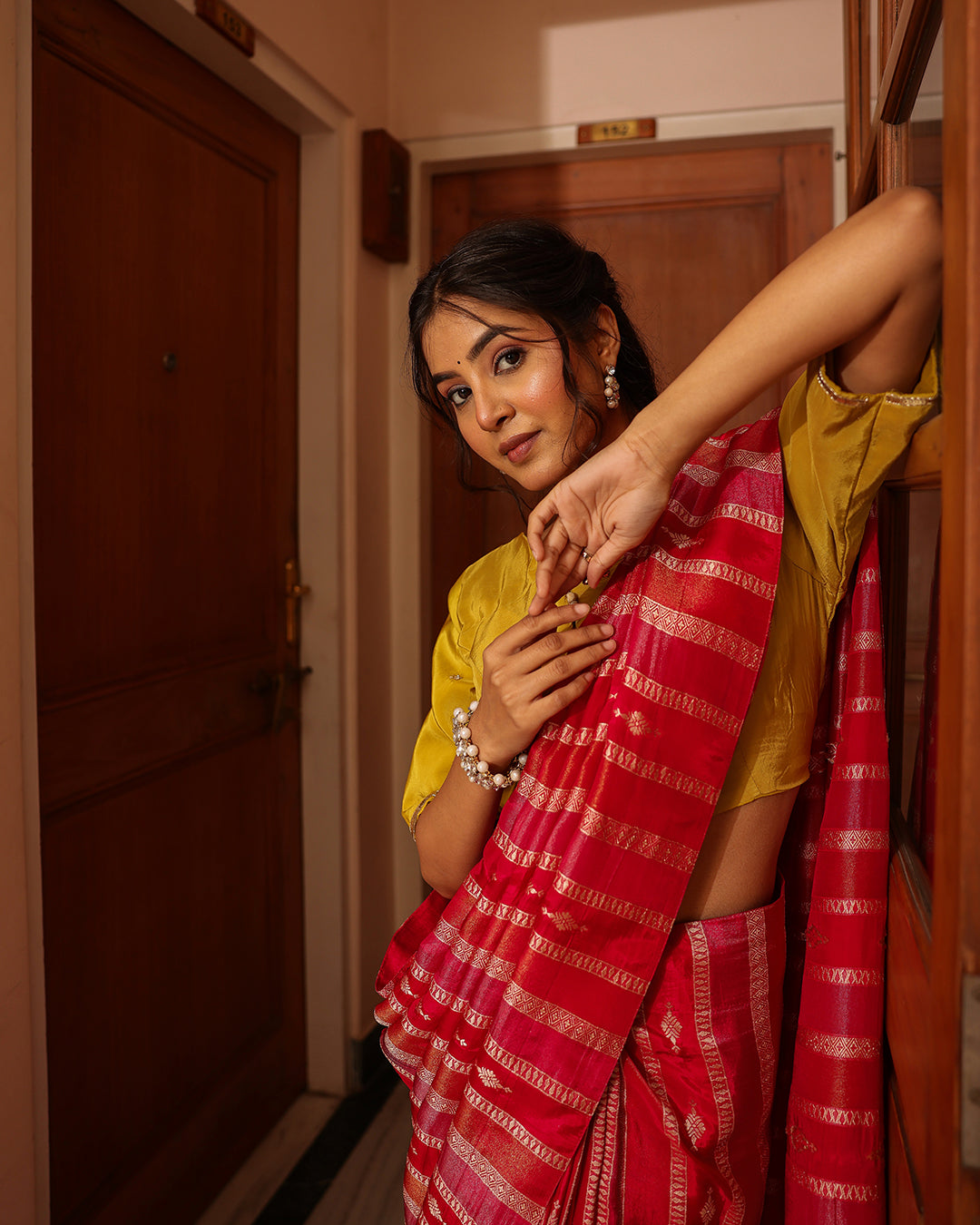 Magenta Silk Tissue Yellow Blouse Saree