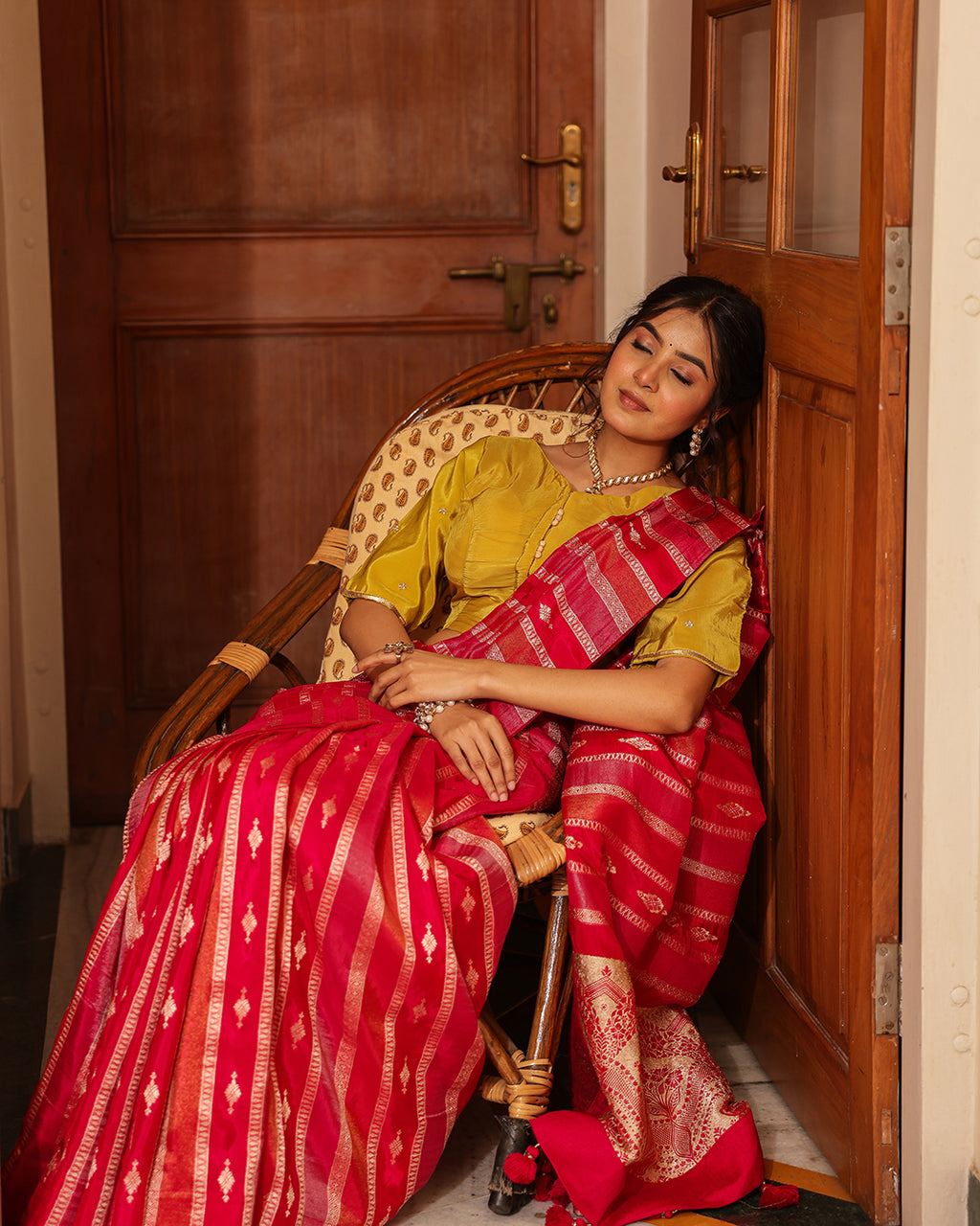 Magenta Silk Tissue Yellow Blouse Saree