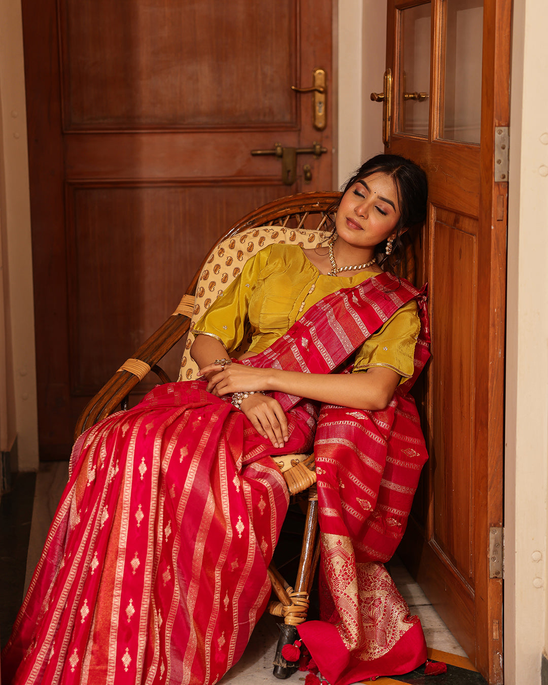 Magenta Silk Tissue Yellow Blouse Saree