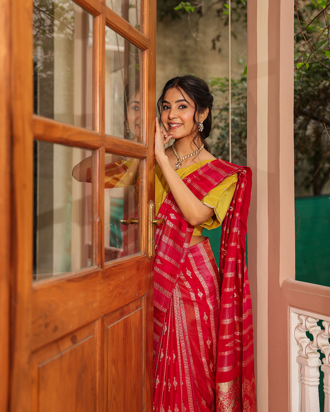 Magenta Silk Tissue Yellow Blouse Saree