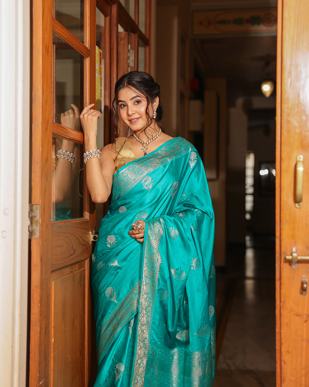 Turquoise Golden Zari Silk Saree