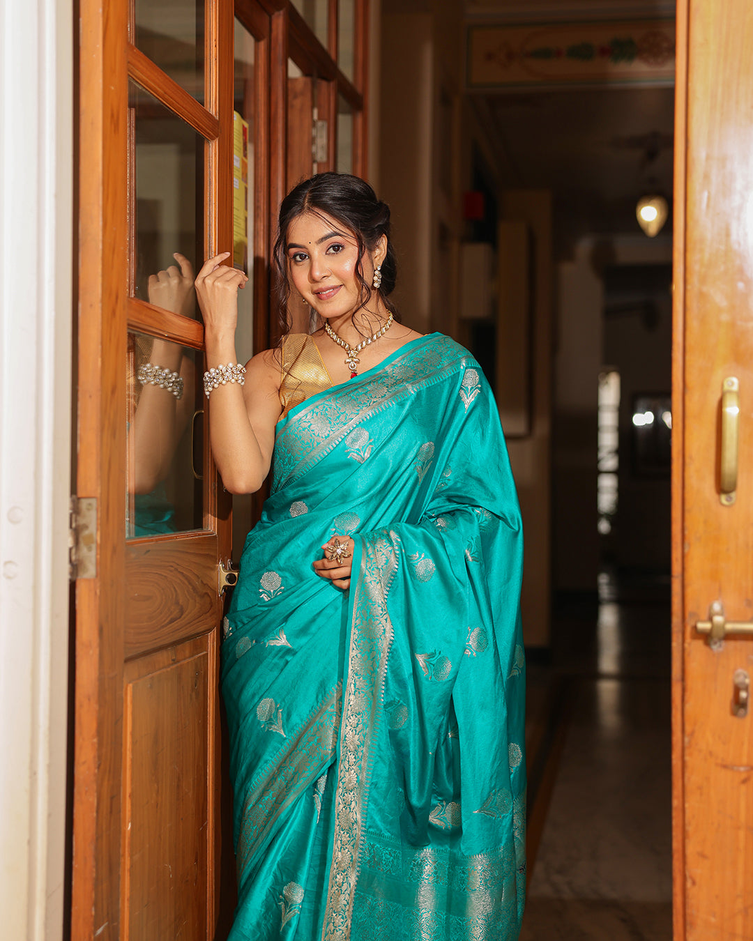 Turquoise Golden Zari Silk Saree