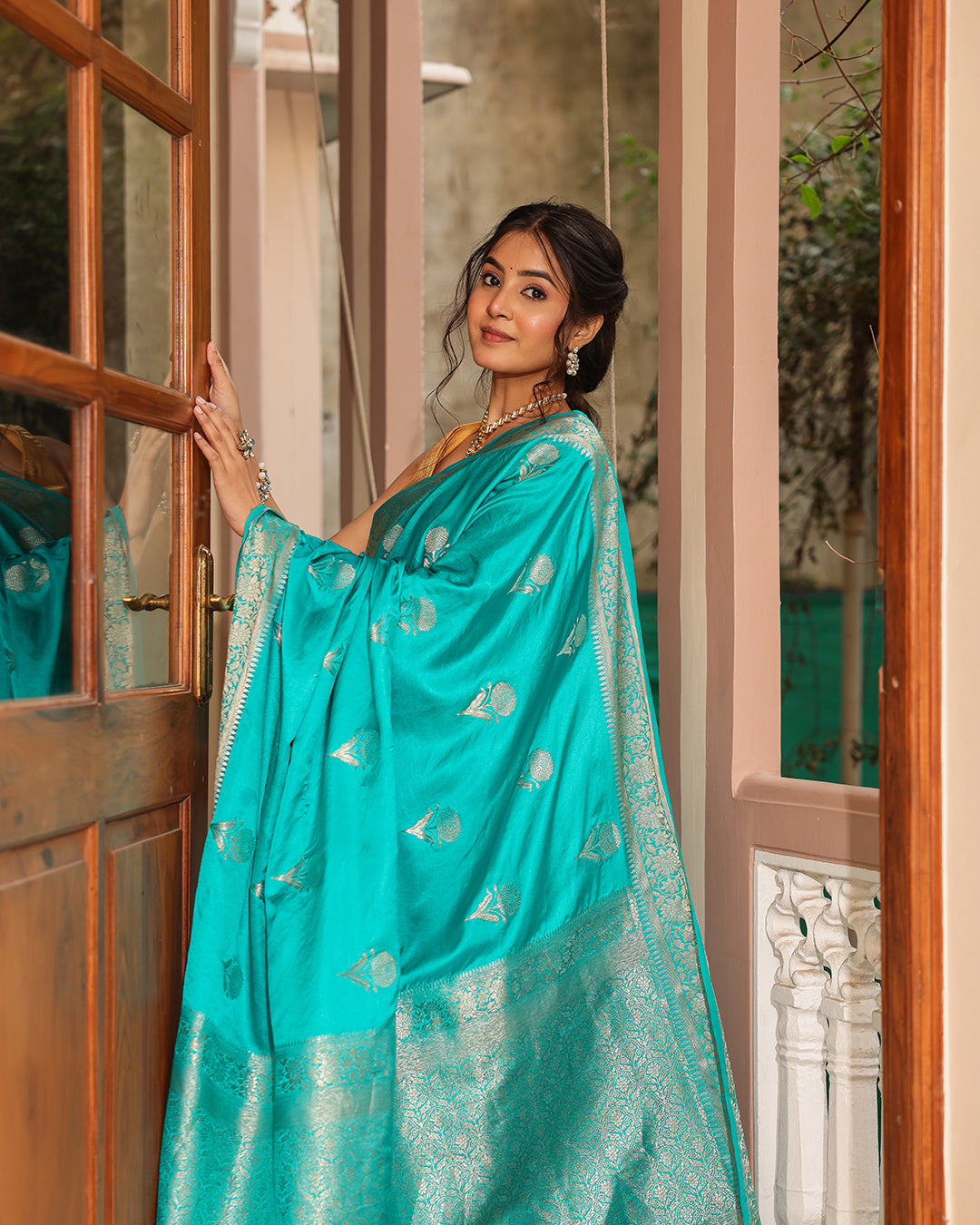Turquoise Golden Zari Silk Saree