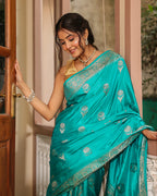 Turquoise Golden Zari Silk Saree