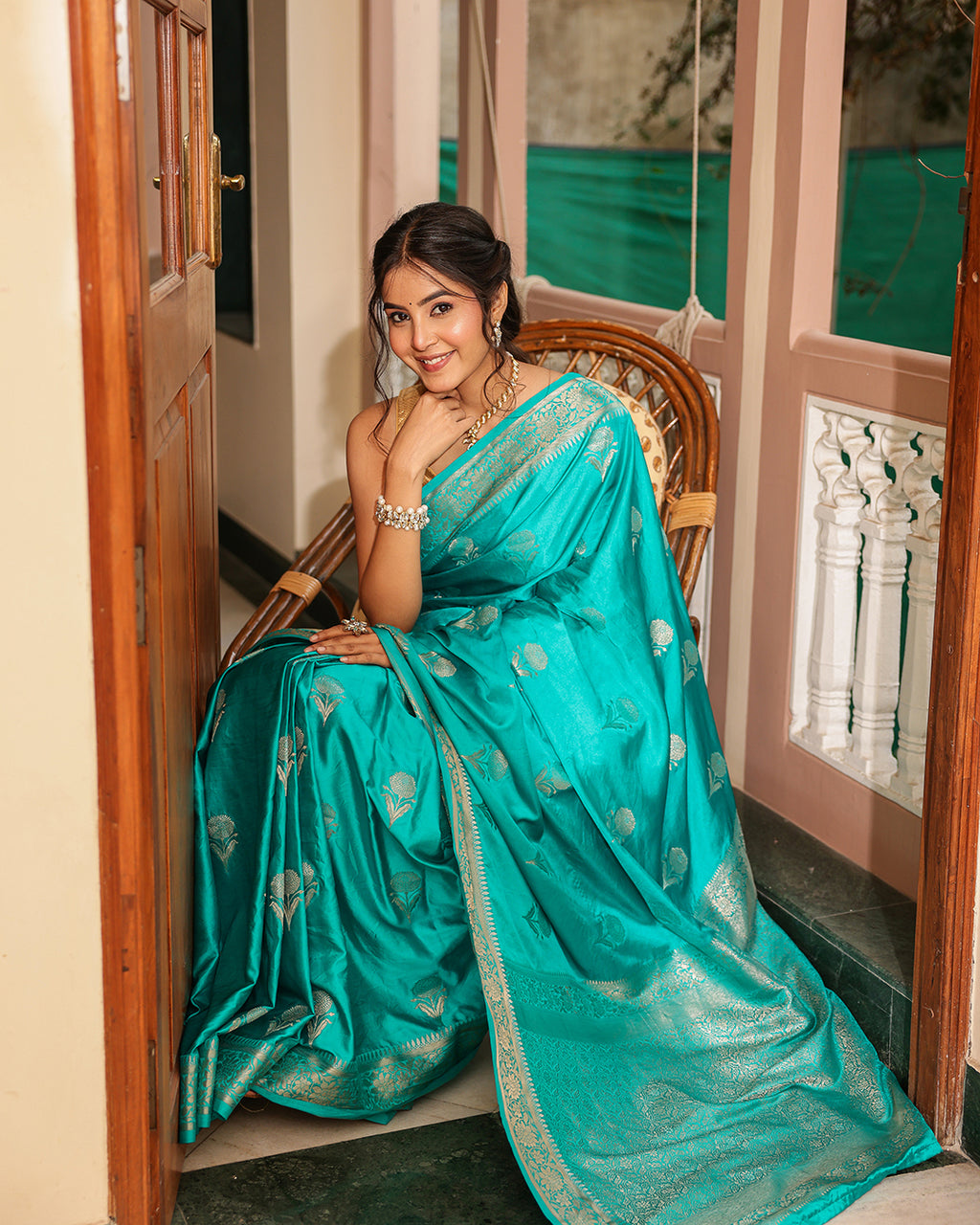 Turquoise Golden Zari Silk Saree