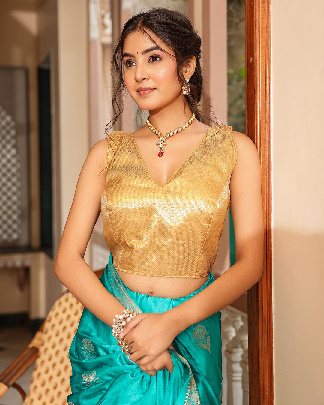 Turquoise Golden Zari Silk Saree