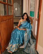 Steel Blue Birds Floral Silk Saree