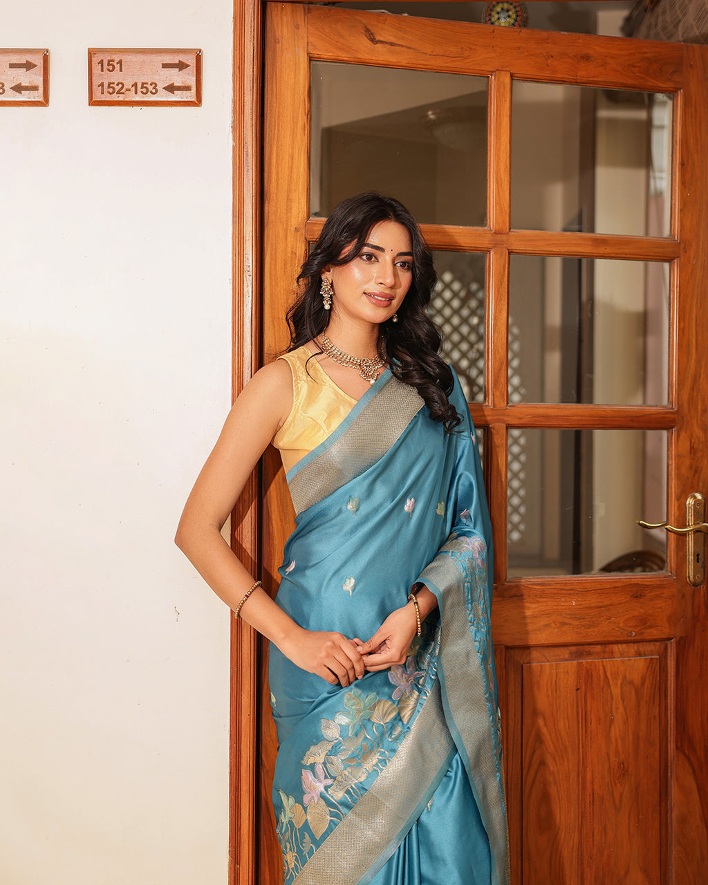 Steel Blue Birds Floral Silk Saree