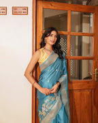 Steel Blue Birds Floral Silk Saree